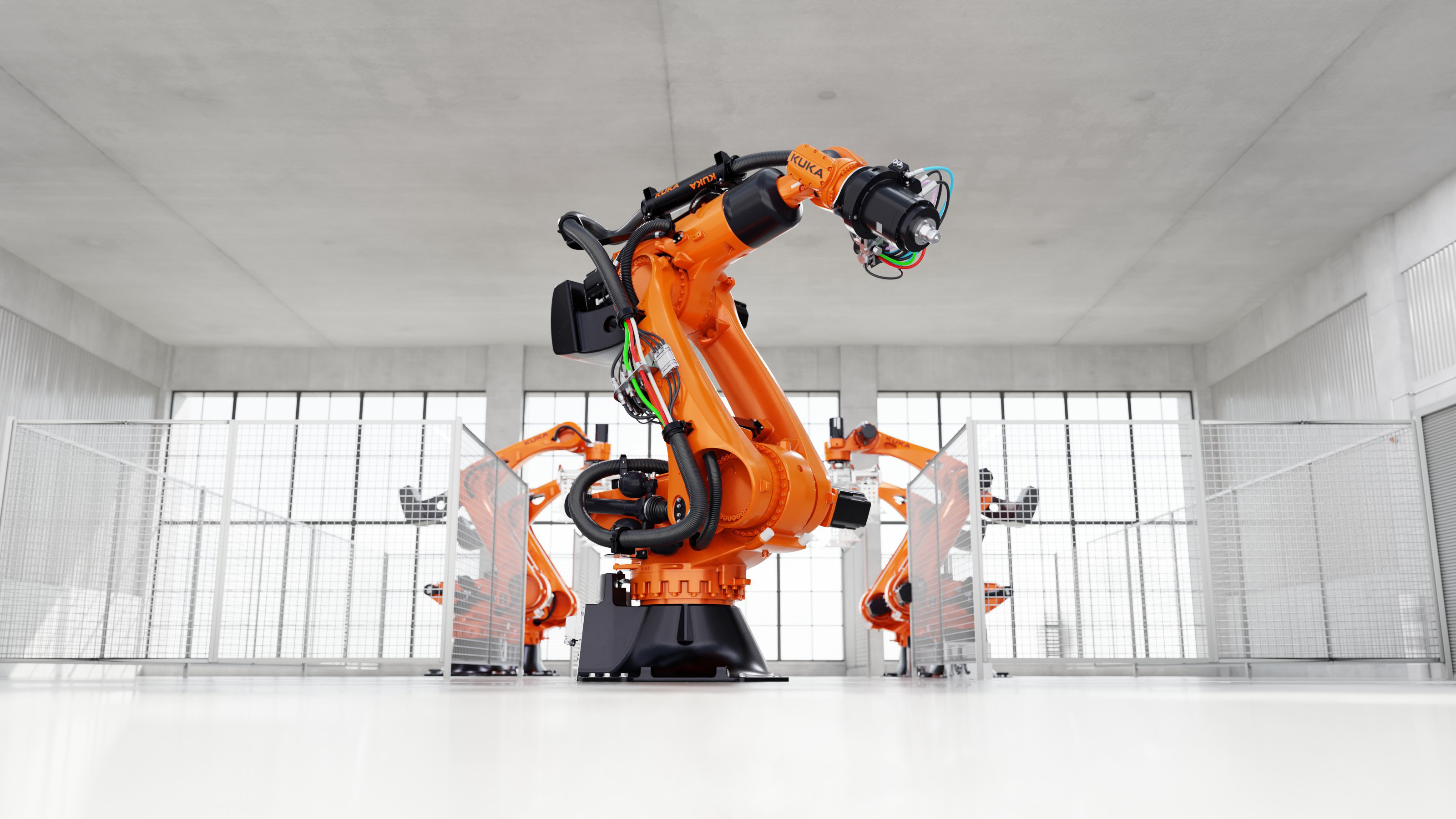 KUKA six-axis robot arm configured for friction stir welding